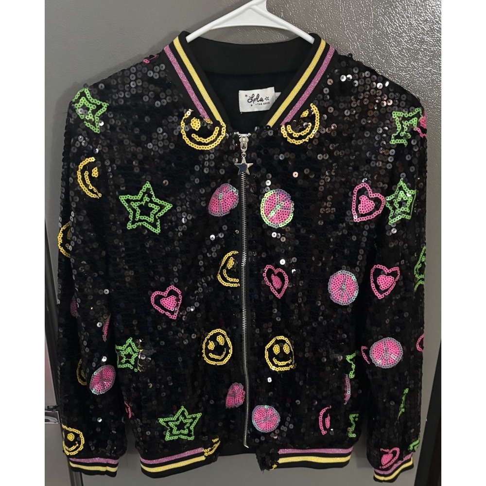Lola + The Boys Girls‎ Small Black Sequin Bomber Jacket Sparkle Fun Smiley Peace